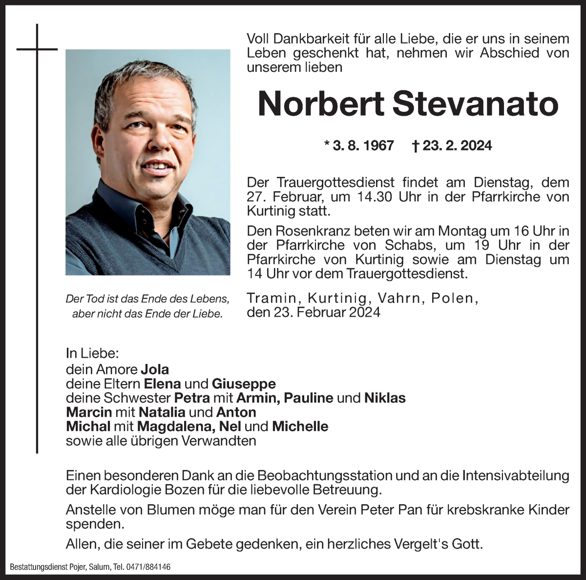  Traueranzeige für Norbert Stevanato vom 24.02.2024 aus Dolomiten