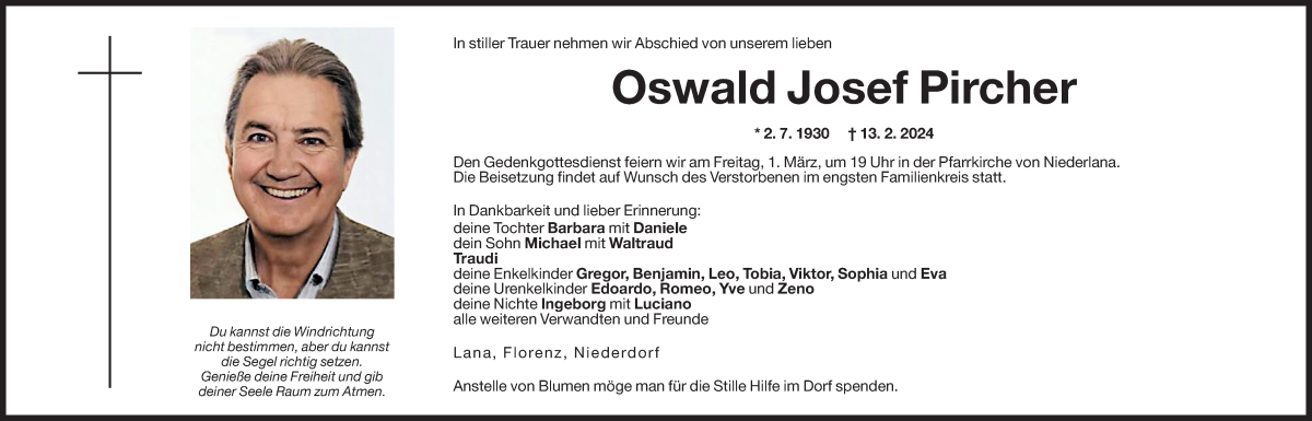  Traueranzeige für Oswald Josef Pircher vom 27.02.2024 aus Dolomiten
