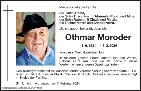 Traueranzeige von Othmar Moroder von Dolomiten