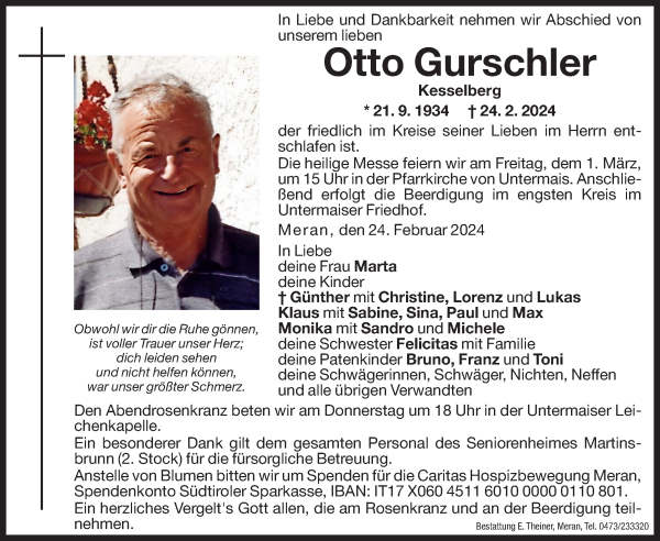 Traueranzeige von Otto Gurschler von Dolomiten