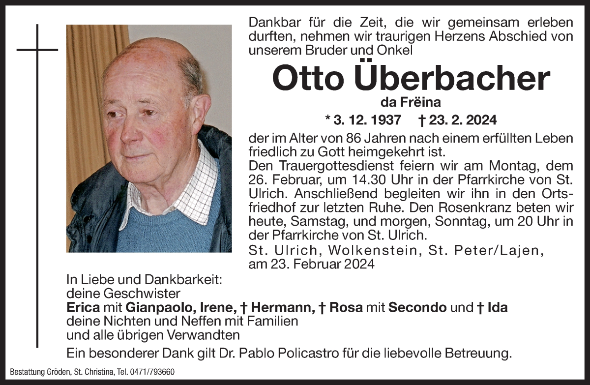  Traueranzeige für Otto Überbacher vom 24.02.2024 aus Dolomiten