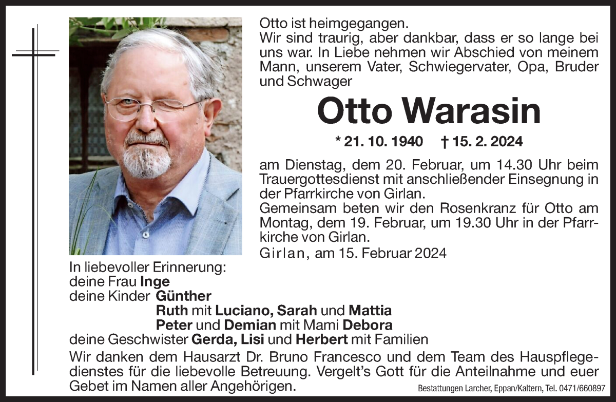  Traueranzeige für Otto Warasin vom 17.02.2024 aus Dolomiten