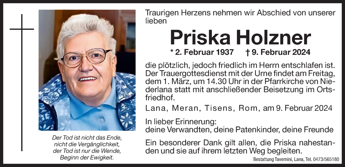  Traueranzeige für Priska Holzner vom 27.02.2024 aus Dolomiten