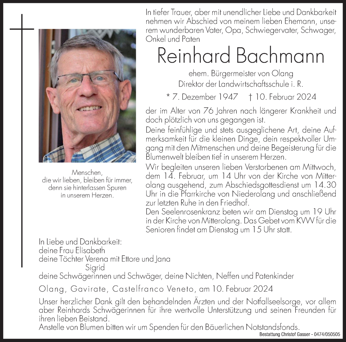  Traueranzeige für Reinhard Bachmann vom 13.02.2024 aus Dolomiten