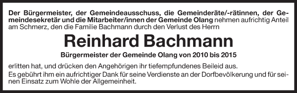 Traueranzeige von Reinhard Bachmann von Dolomiten