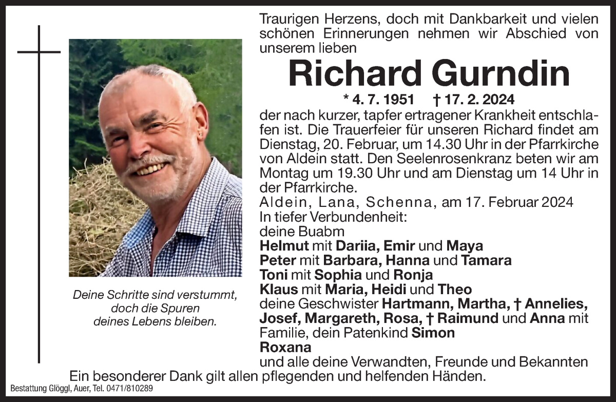  Traueranzeige für Richard Gurndin vom 19.02.2024 aus Dolomiten