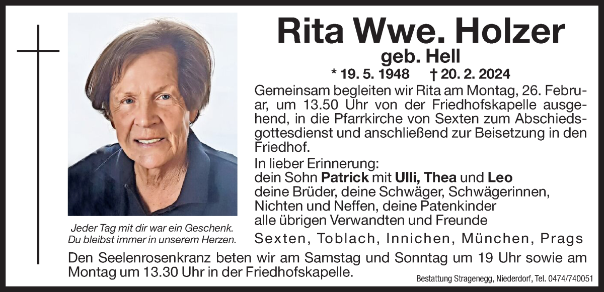  Traueranzeige für Rita Holzer vom 23.02.2024 aus Dolomiten