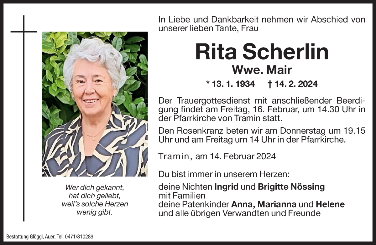  Traueranzeige für Rita Mair vom 15.02.2024 aus Dolomiten