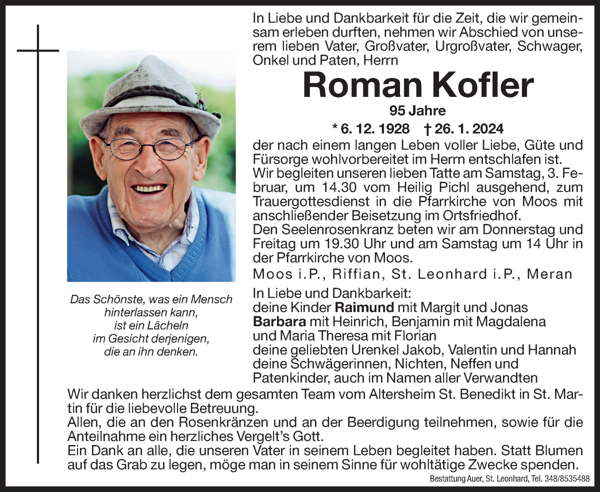  Traueranzeige für Roman Kofler vom 01.02.2024 aus Dolomiten
