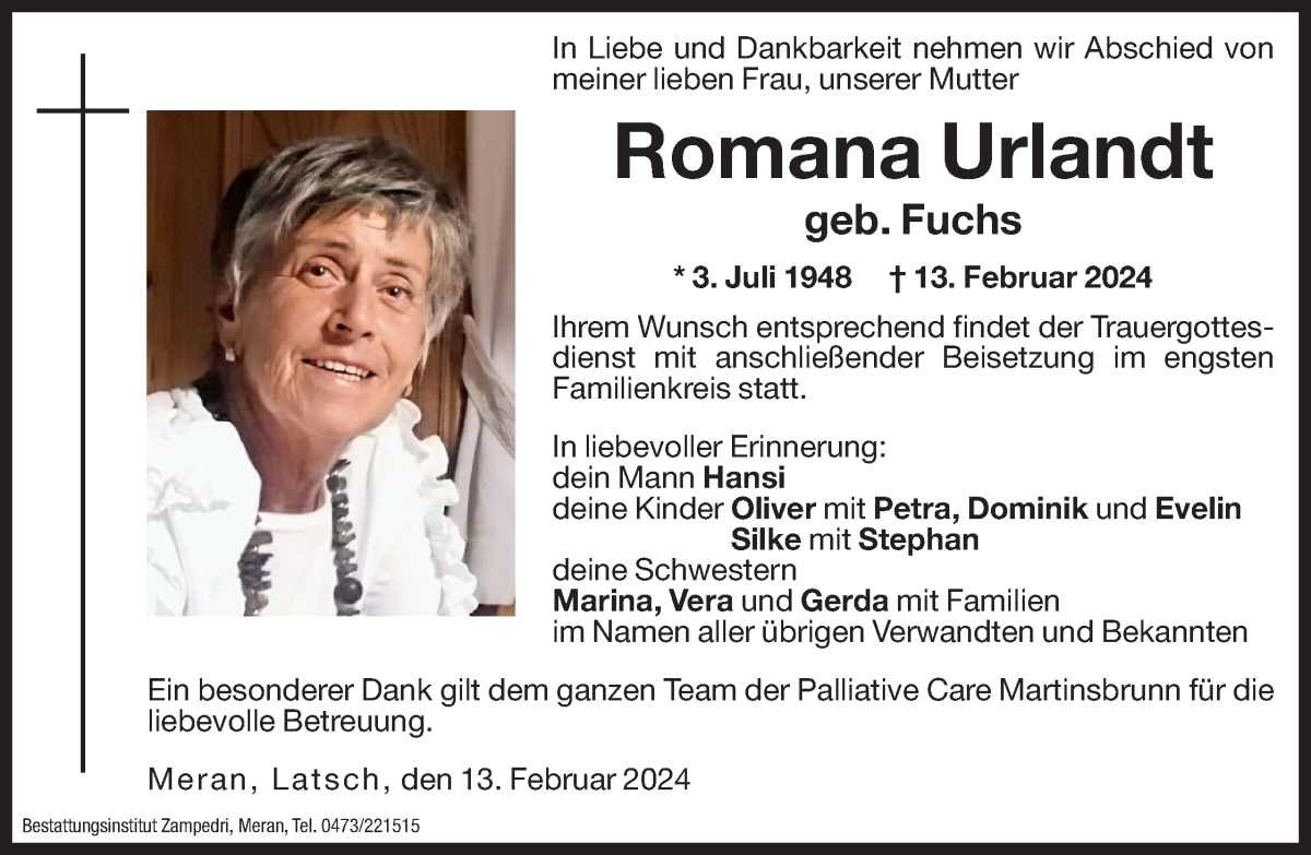  Traueranzeige für Romana Urlandt vom 20.02.2024 aus Dolomiten