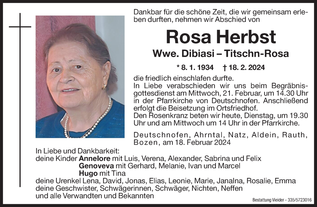  Traueranzeige für Rosa Dibiasi vom 20.02.2024 aus Dolomiten