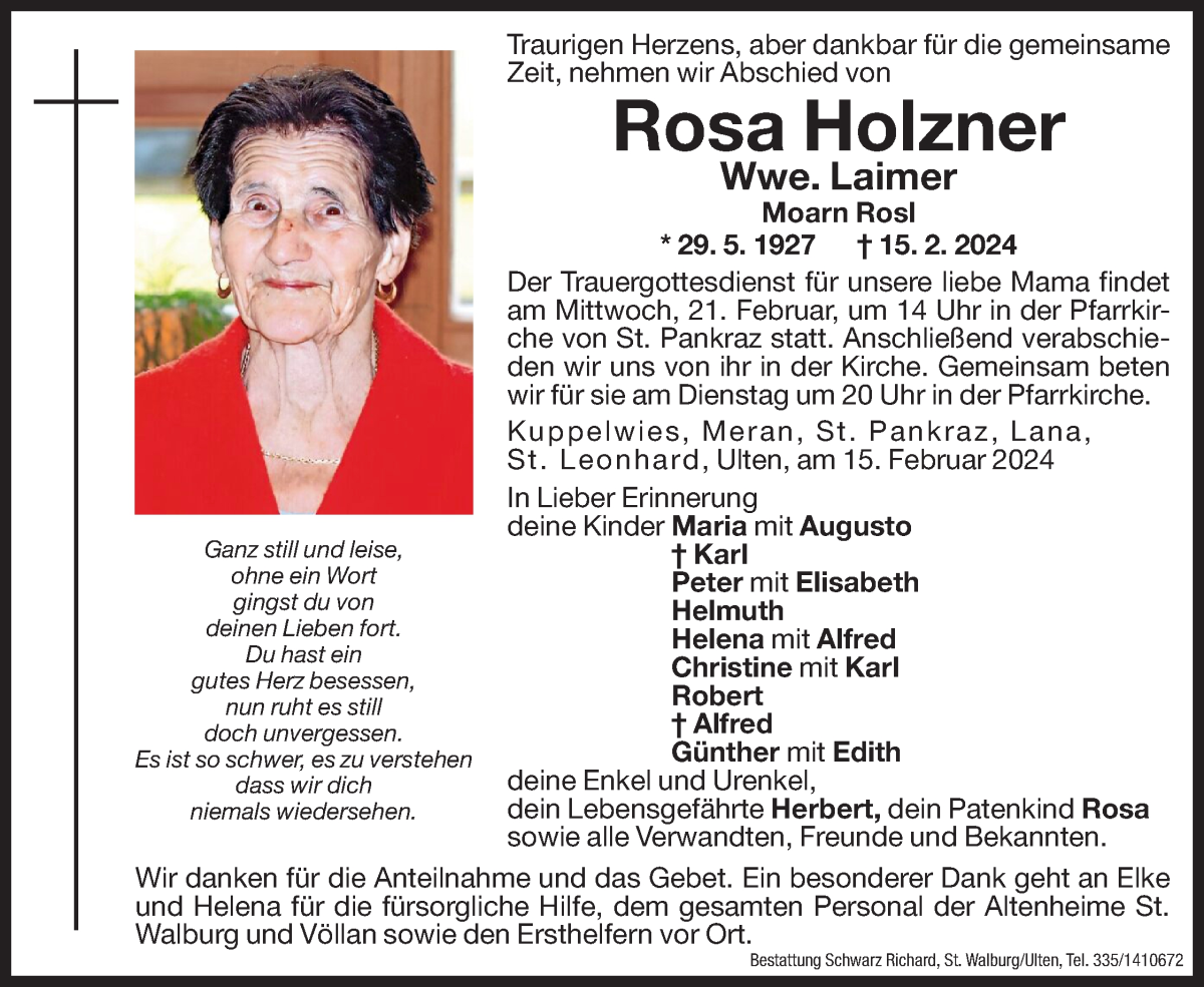  Traueranzeige für Rosa Laimer vom 17.02.2024 aus Dolomiten
