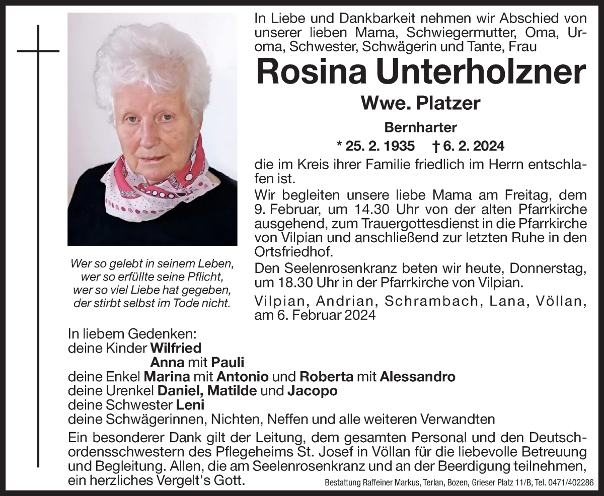  Traueranzeige für Rosina Platzer vom 08.02.2024 aus Dolomiten