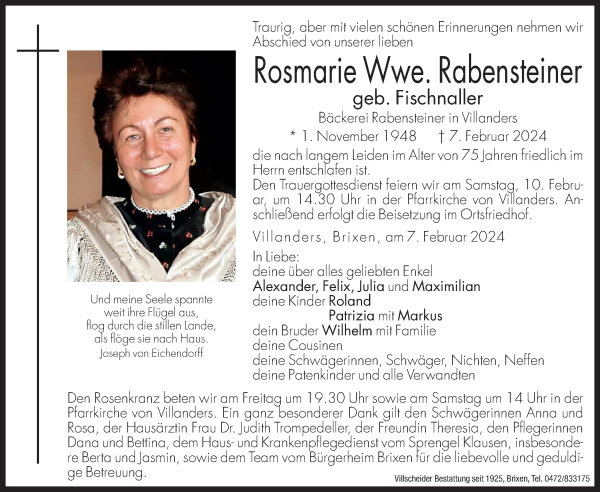 Traueranzeige von Rosmarie Rabensteiner von Dolomiten
