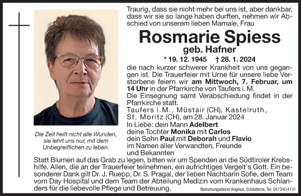 Traueranzeige von Rosmarie Spiess von Dolomiten
