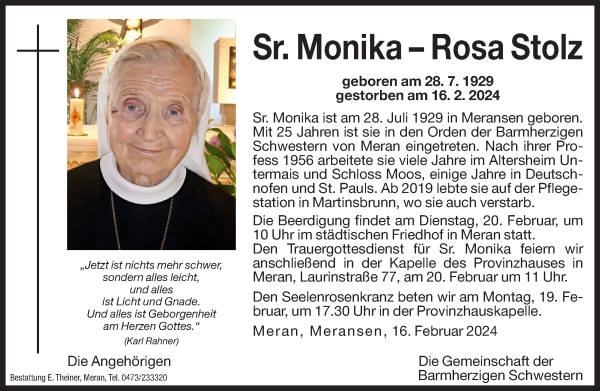 Traueranzeige von Sr. Monika – Rosa Stolz  von Dolomiten