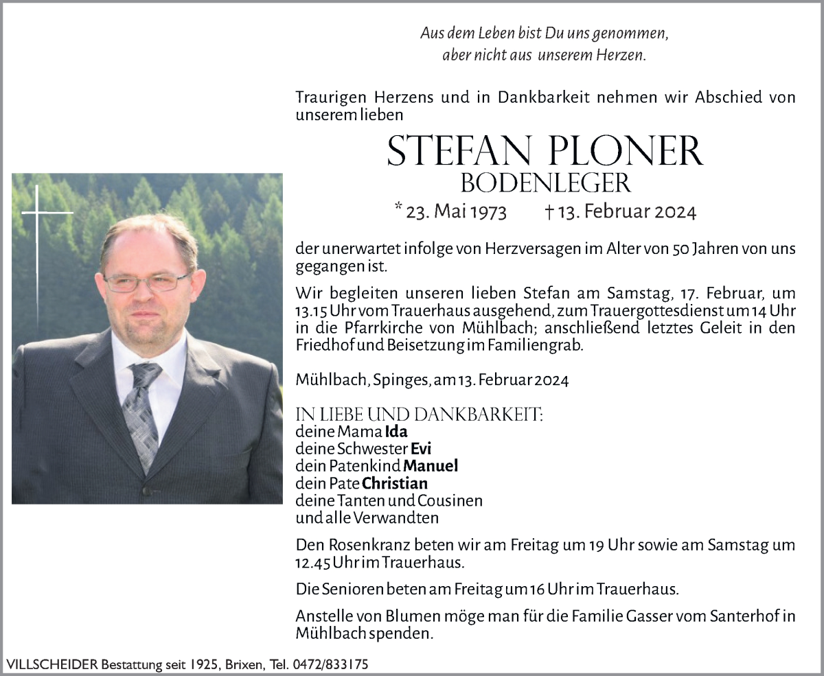  Traueranzeige für Stefan Ploner vom 16.02.2024 aus Dolomiten