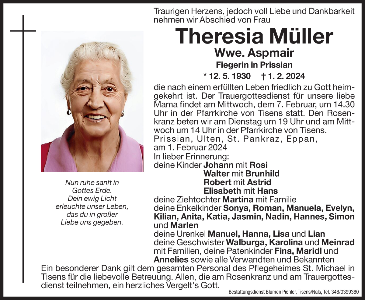 Traueranzeige für Theresia Aspmair vom 05.02.2024 aus Dolomiten