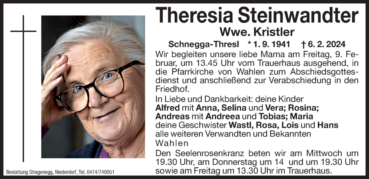  Traueranzeige für Theresia Kristler vom 07.02.2024 aus Dolomiten