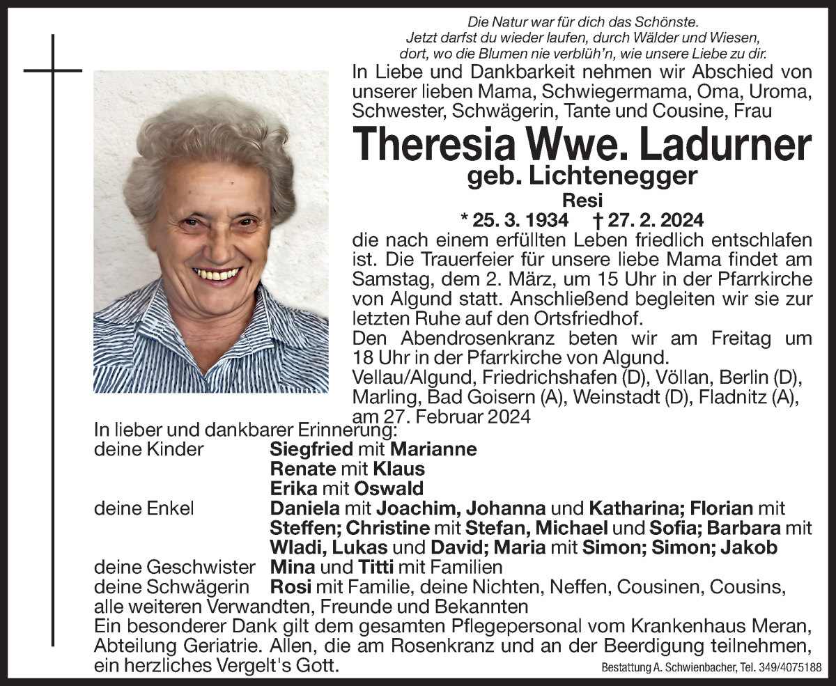  Traueranzeige für Theresia Ladurner vom 29.02.2024 aus Dolomiten