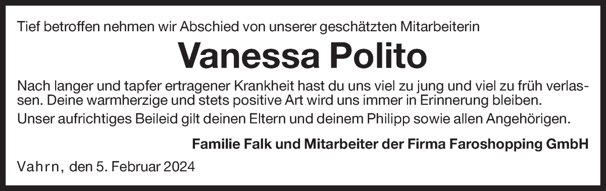  Traueranzeige für Vanessa Polito vom 06.02.2024 aus Dolomiten