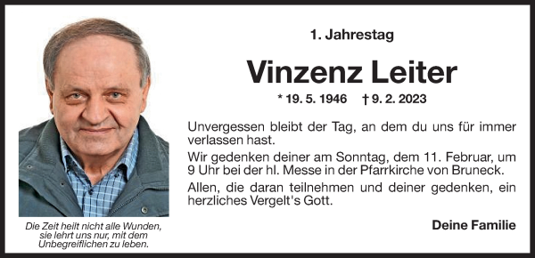 Traueranzeige von Vinzenz Leiter von Dolomiten