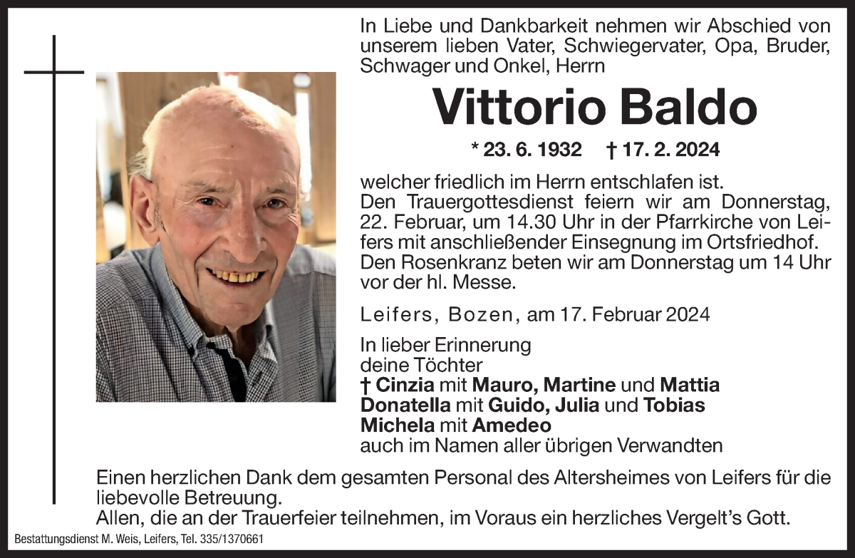  Traueranzeige für Vittorio Baldo vom 20.02.2024 aus Dolomiten