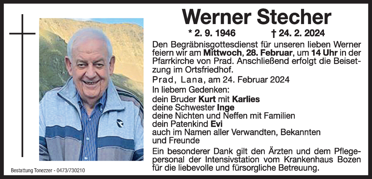  Traueranzeige für Werner Stecher vom 27.02.2024 aus Dolomiten