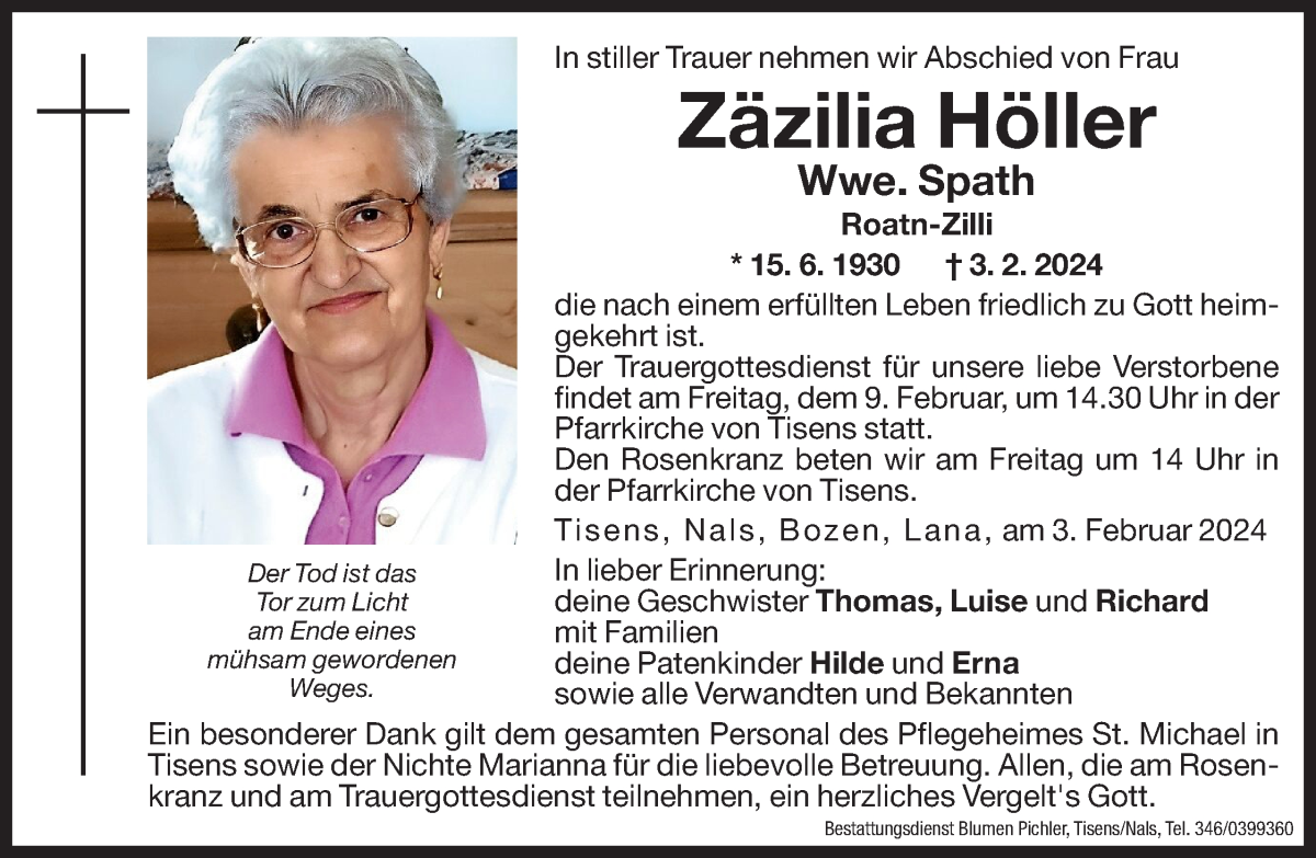  Traueranzeige für Zäzilia Spath vom 07.02.2024 aus Dolomiten