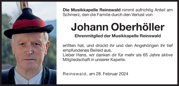 Traueranzeige von Johann Oberhöller von Dolomiten