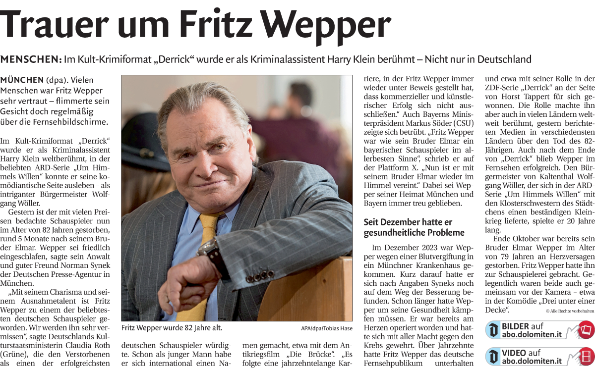  Traueranzeige für Fritz Wepper vom 26.03.2024 aus Dolomiten