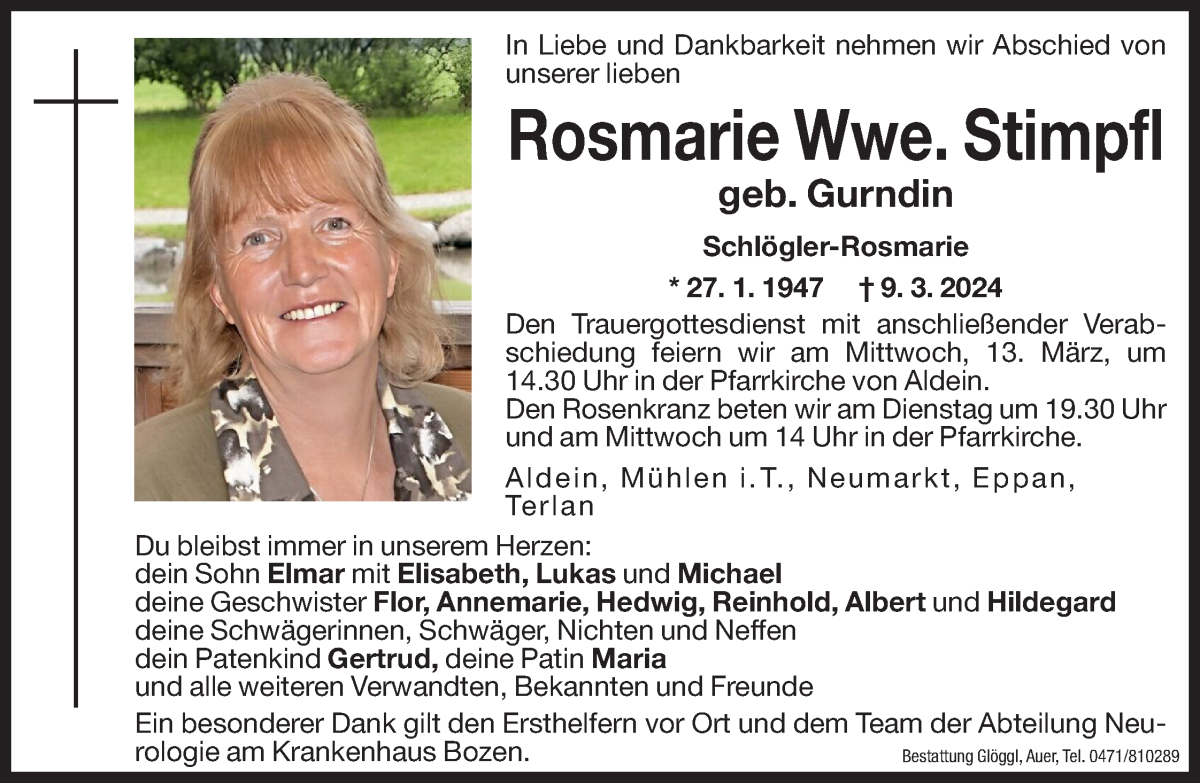  Traueranzeige für Rosmarie Stimpfl vom 11.03.2024 aus Dolomiten