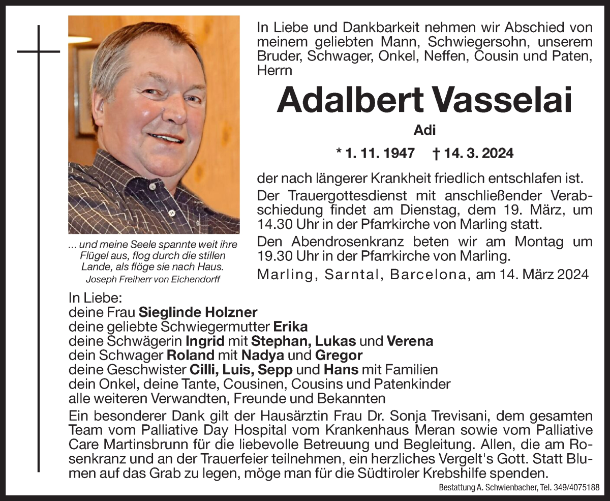  Traueranzeige für Adalbert Vasselai vom 16.03.2024 aus Dolomiten