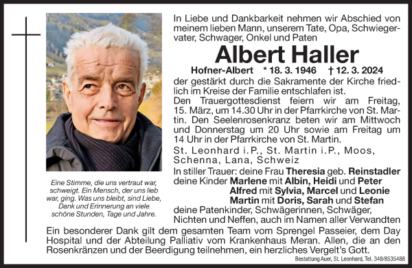 Traueranzeige von Albert Haller von Dolomiten