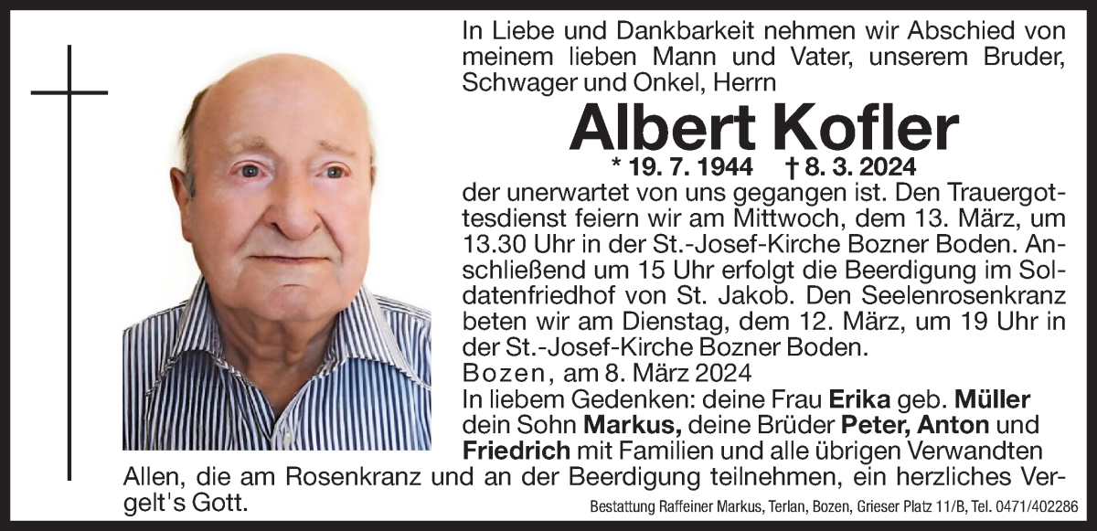  Traueranzeige für Albert Kofler vom 11.03.2024 aus Dolomiten