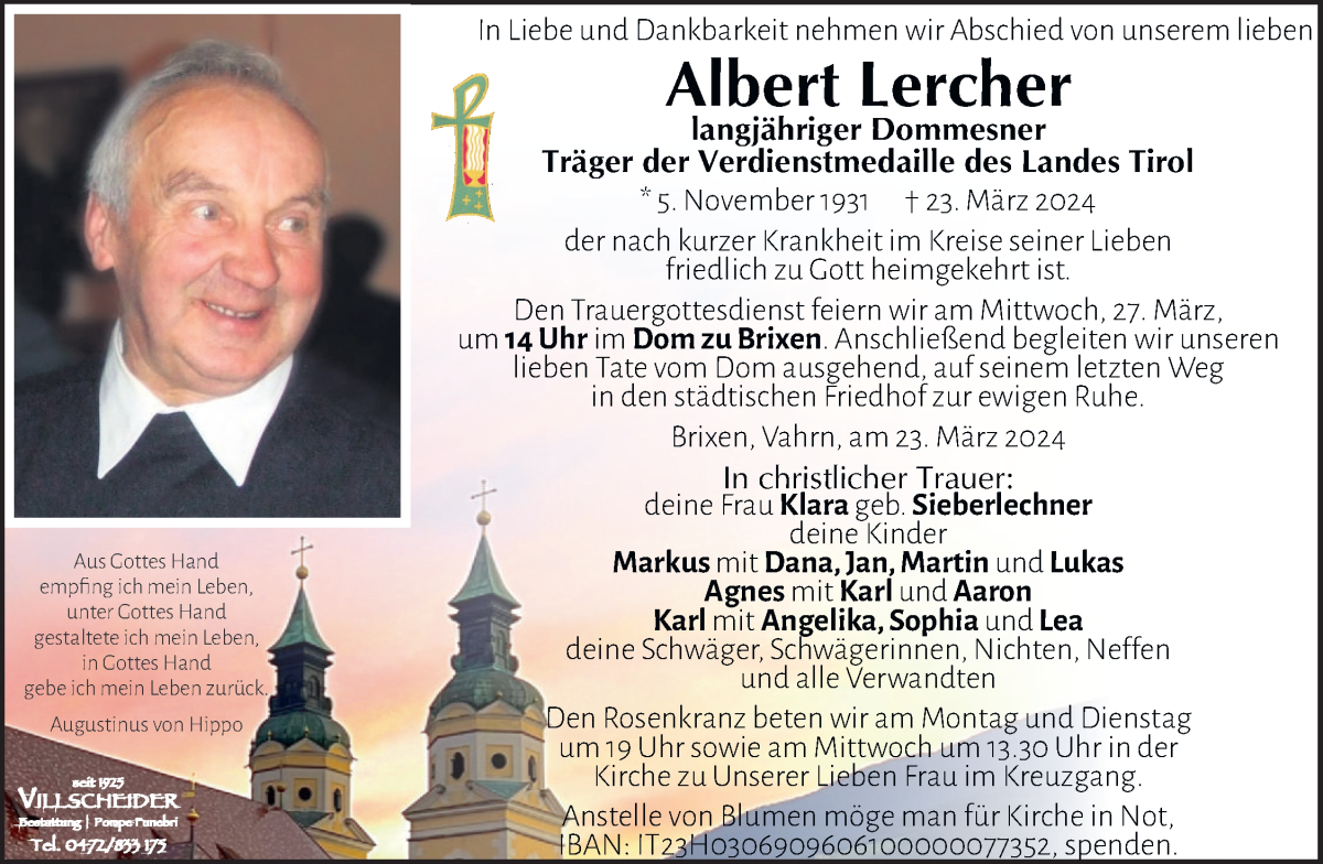  Traueranzeige für Albert Lercher vom 25.03.2024 aus Dolomiten