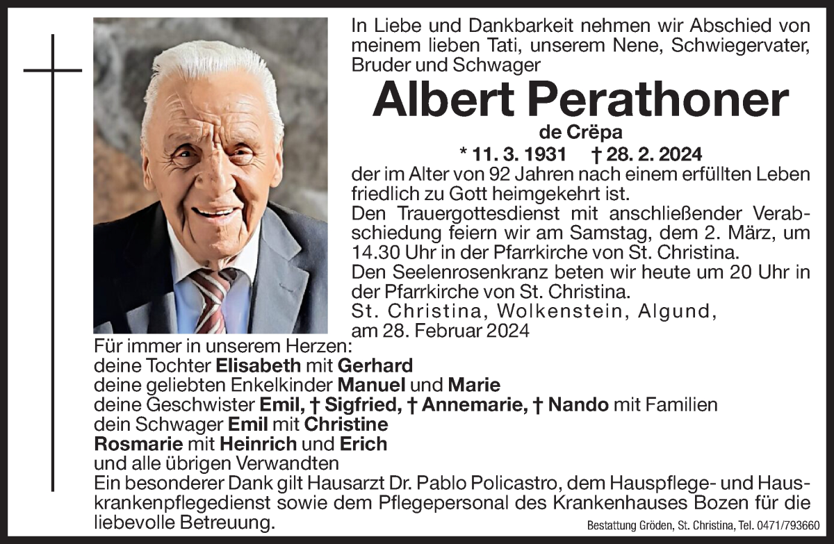  Traueranzeige für Albert Perathoner vom 01.03.2024 aus Dolomiten