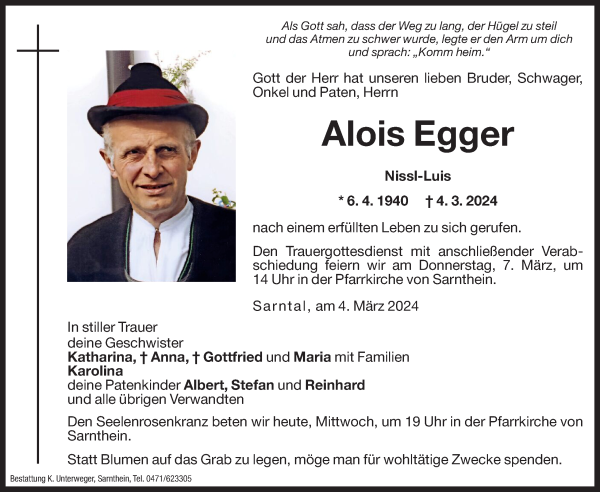 Traueranzeige von Alois Egger von Dolomiten