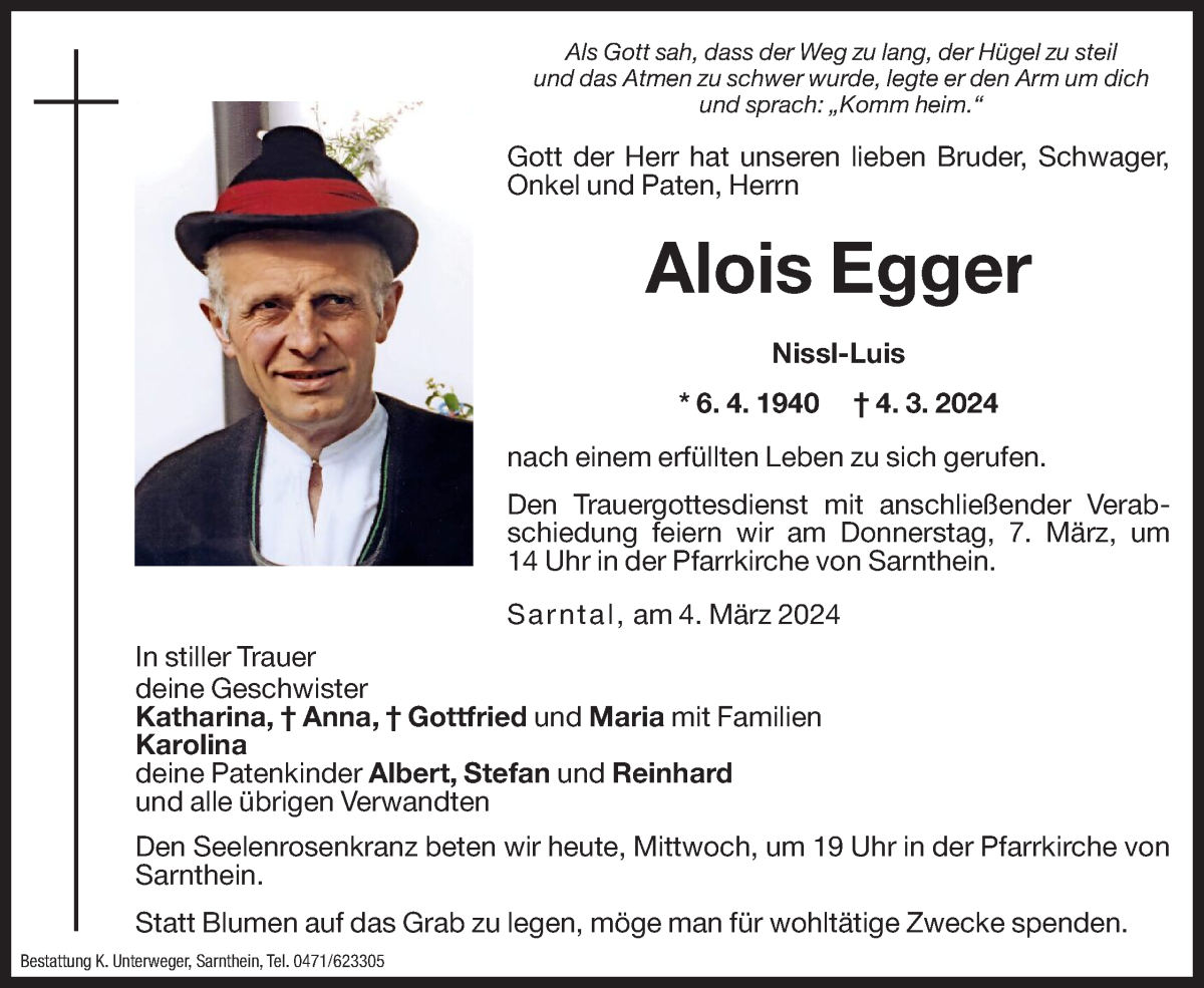  Traueranzeige für Alois Egger vom 06.03.2024 aus Dolomiten
