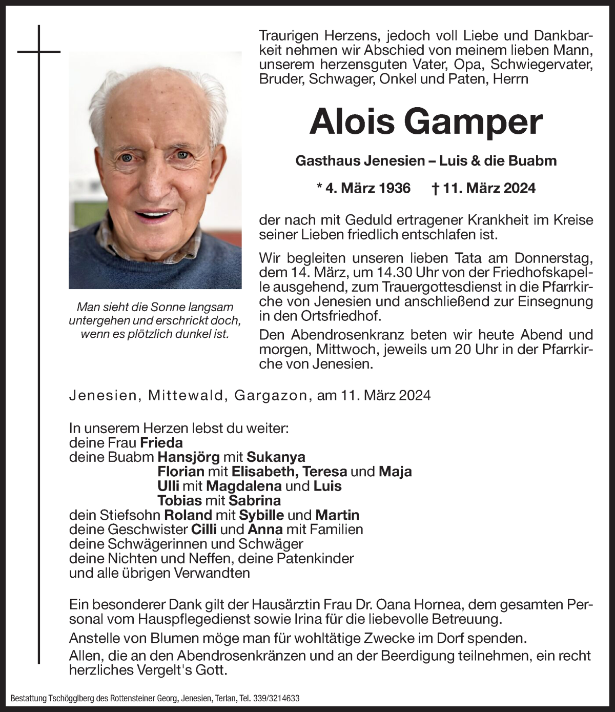  Traueranzeige für Alois Gamper vom 12.03.2024 aus Dolomiten