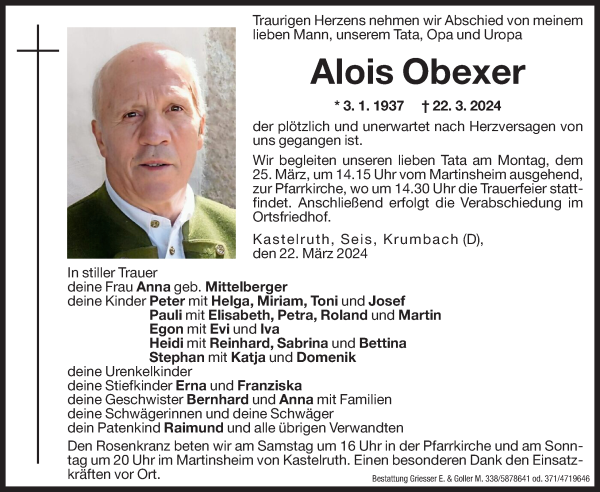 Traueranzeige von Alois Obexer von Dolomiten