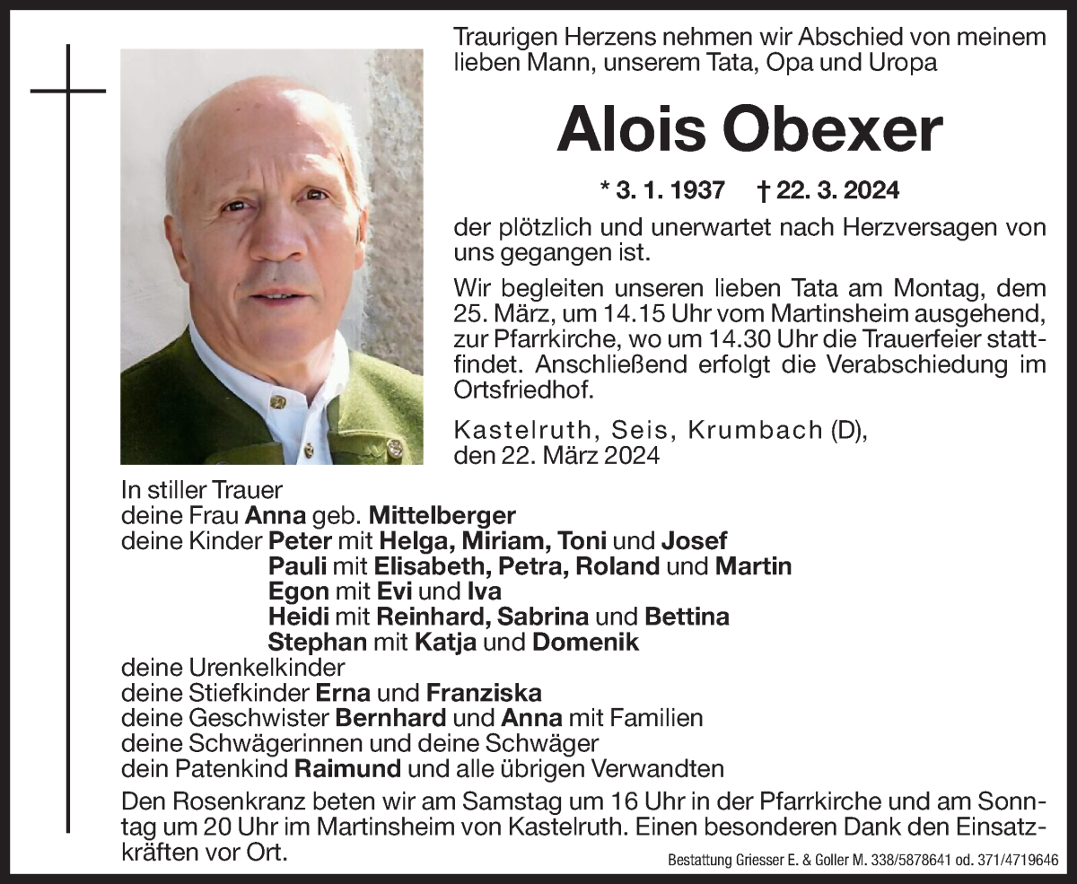  Traueranzeige für Alois Obexer vom 23.03.2024 aus Dolomiten