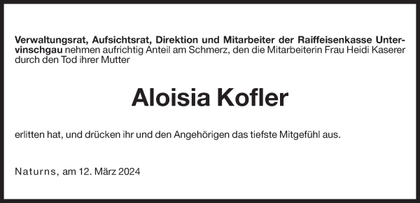 Traueranzeige von Aloisia Kofler von Dolomiten
