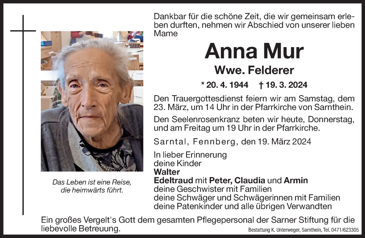  Traueranzeige für Anna Felderer vom 21.03.2024 aus Dolomiten