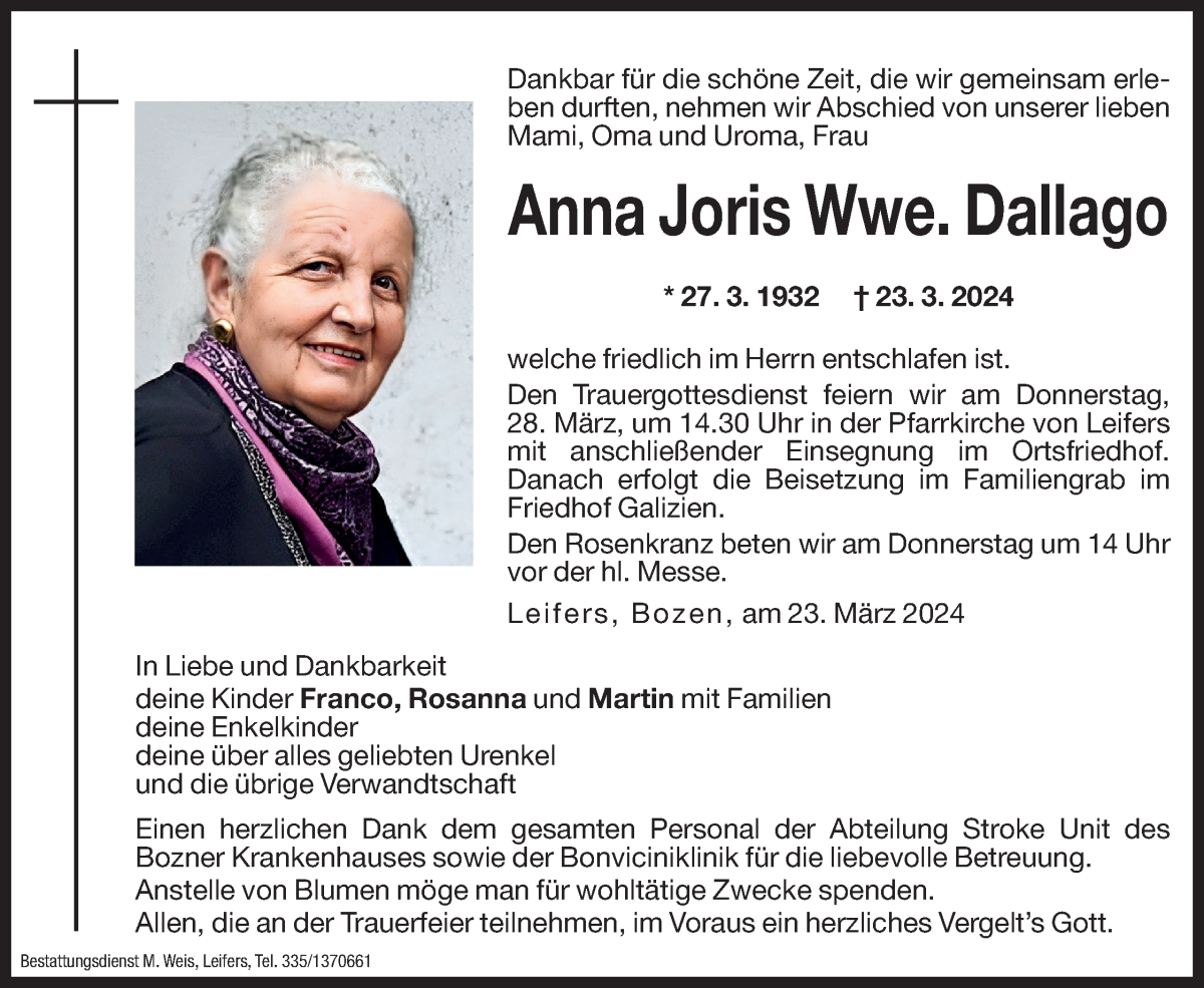  Traueranzeige für Anna Joris  Dallago vom 26.03.2024 aus Dolomiten