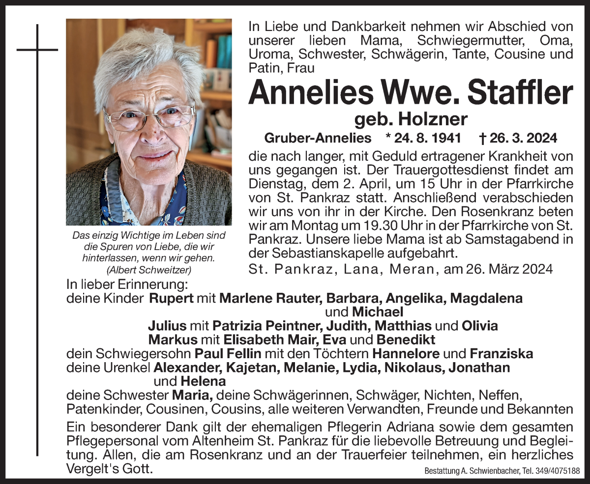  Traueranzeige für Annelies Staffler vom 29.03.2024 aus Dolomiten