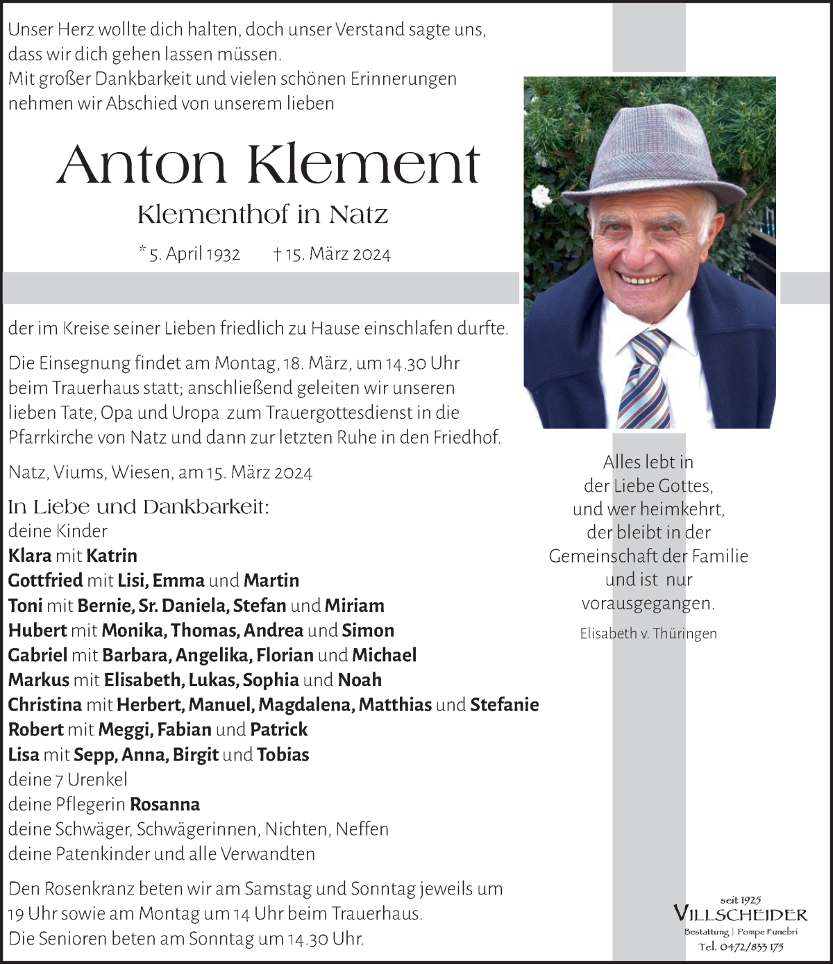  Traueranzeige für Anton Klement vom 16.03.2024 aus Dolomiten