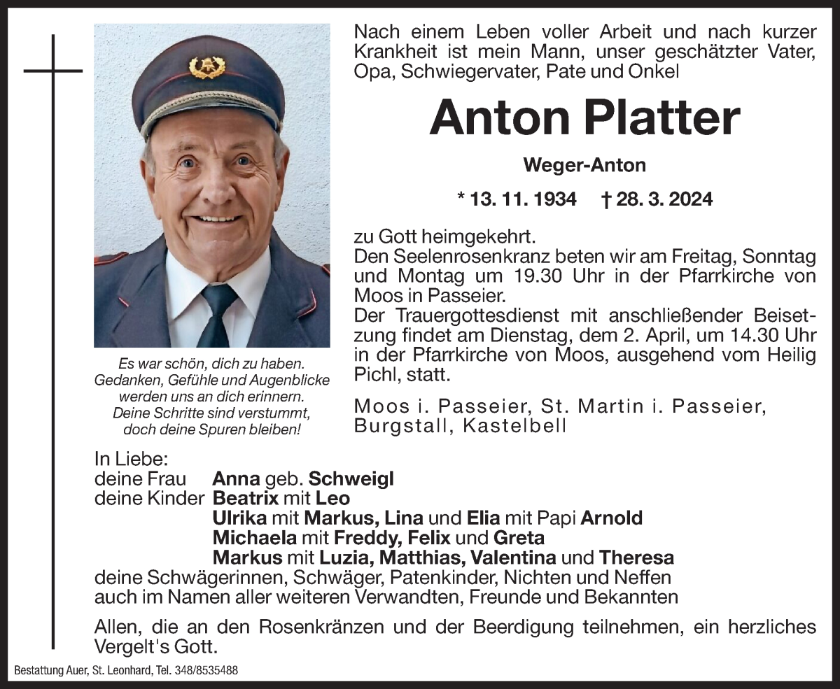  Traueranzeige für Anton Platter vom 29.03.2024 aus Dolomiten