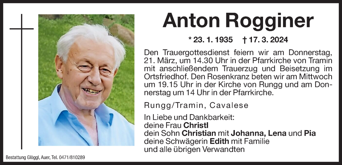  Traueranzeige für Anton Rogginer vom 19.03.2024 aus Dolomiten