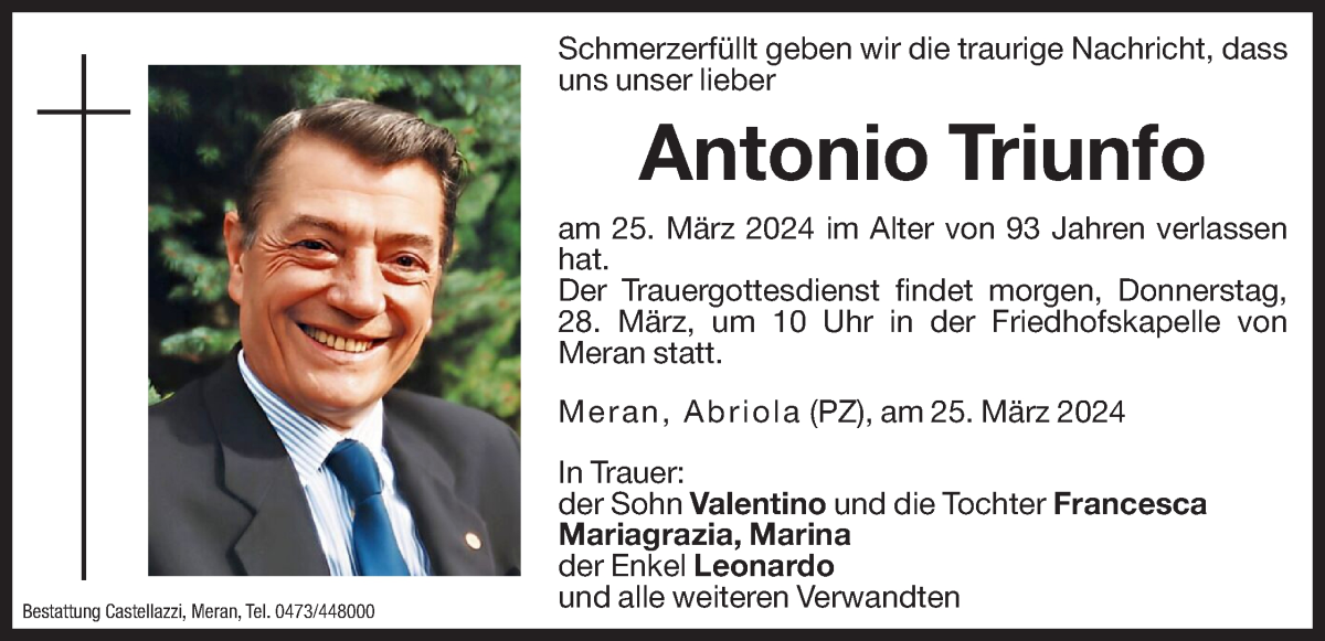  Traueranzeige für Antonio Triunfo vom 27.03.2024 aus Dolomiten